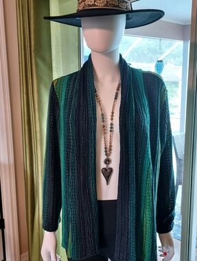 Ruby Rd. Striped Open Front Cardigan Jacket Poly Knit Teal and Black. Sz XL.